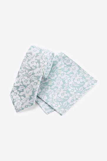 Sage Green Floral Silk Tie And Pocket Square