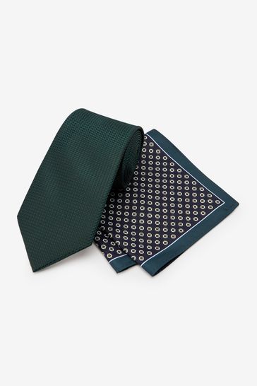 Green Geometric Wide Tie, Pocket Square And Tie Clip Set