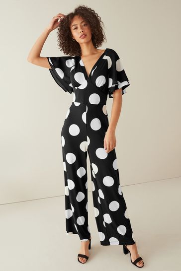 Black Spot Flute Sleeve V-Neck Jumpsuit