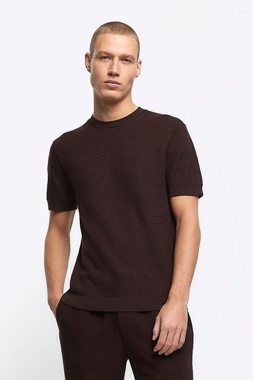 River Island Brown Textured Knitted T-Shirt