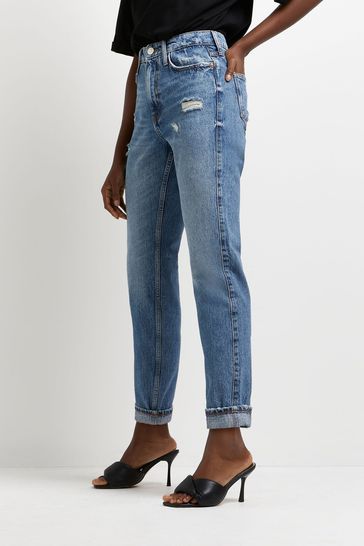 River Island Blue High Rise Turn Up Mom Jeans