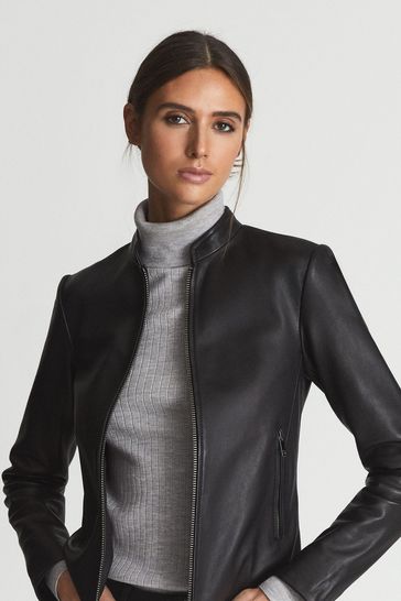 Collarless biker best sale jacket womens