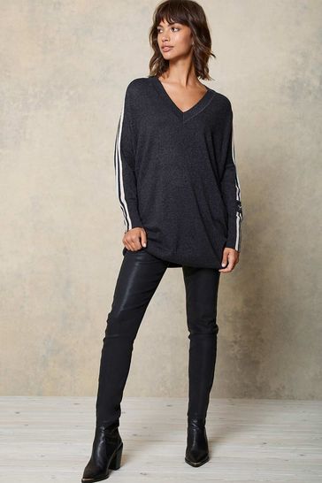 Buy Mint Velvet Grey V Neck Stripe Long Jumper from Next Luxembourg