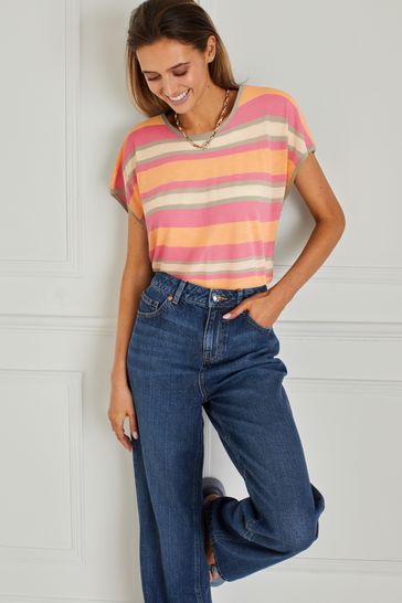 Orange/Pink Stripe Short Sleeve Crew Neck Slub T-Shirt