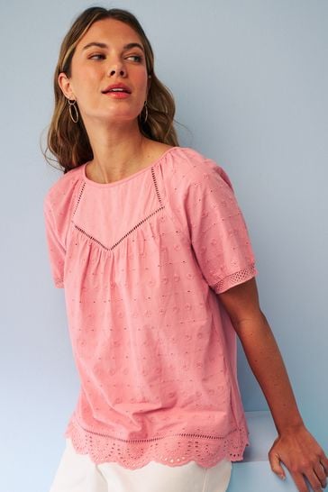 Blush Pink Short Sleeve Broderie T-Shirt