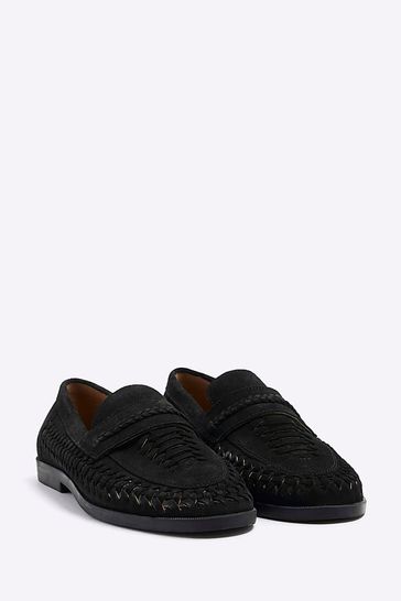 River Island Black Leather Woven Loafers
