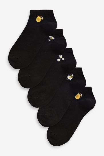 Black Honey Bee Embroidery Motif Trainer Socks 5 Pack
