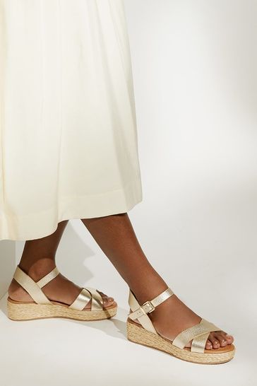 Dune London Gold Womens Wide Fit Linnie Cross Strap Flatform Sandals