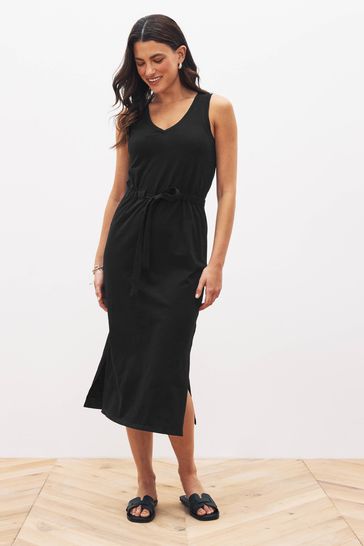 Black Sleeveless Midi V-Neck Slub Dress