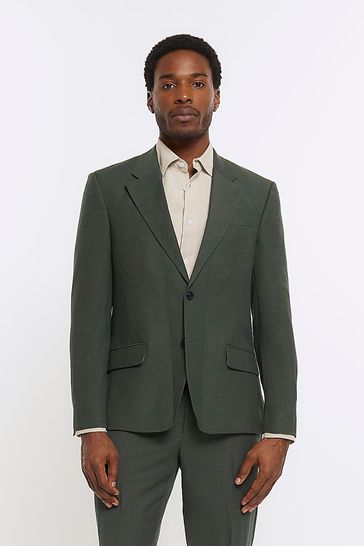 River Island Green Linen Single Breasted Suit Jacket