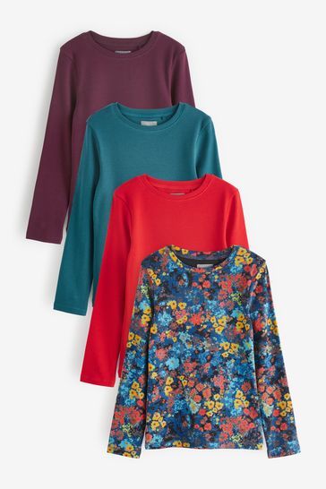Purple/Red/Blue Floral 4 Pack Long Sleeve Ribbed Tops (3-16yrs)