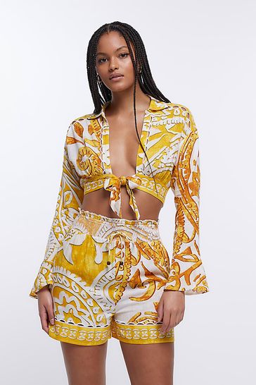 River Island Yellow Tie Front Cropped Shirt