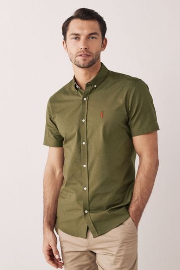 Khaki Green Slim Short Sleeve Stretch Oxford Shirt