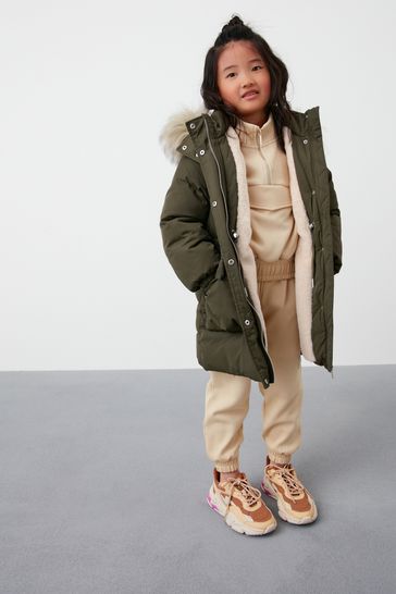 Buy Khaki Green Shower Resistant Faux Fur Trim Parka Coat 3 16yrs