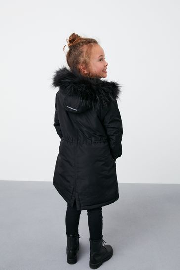 Buy Black Shower Resistant Faux Fur Trim Parka Coat 3 16yrs from