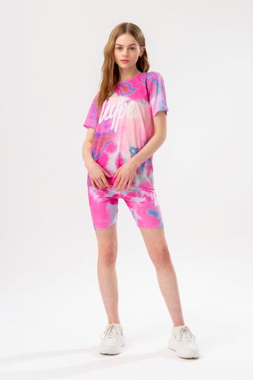 Hype Girls Pink And Blue Tie Dye Script T-Shirt And Cycling Short Set