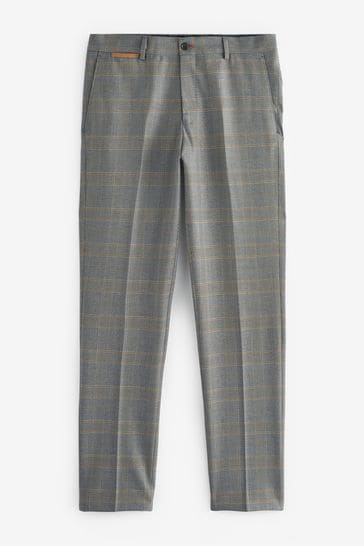 Grey Slim Tapered Check Formal Trousers