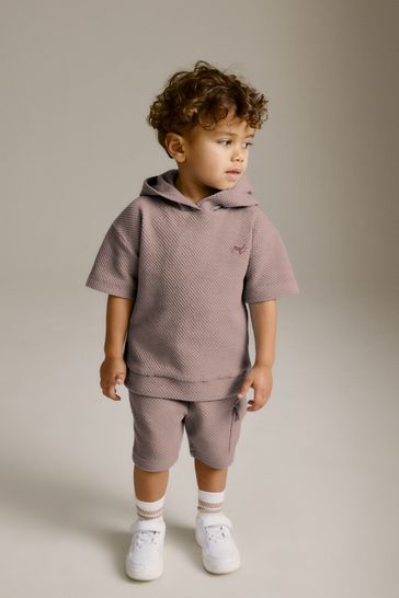 Tan Brown Short Sleeve Textured Hoodie and Shorts Set (3mths-7yrs)