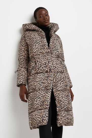 River Island Brown Leopard Long Shawl Puffer Jacket