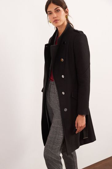 Black Next Funnel Neck Belted Button Front Wrap Coat