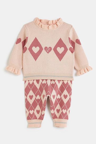 River Island Baby Girls Pink Argyl Knit Set