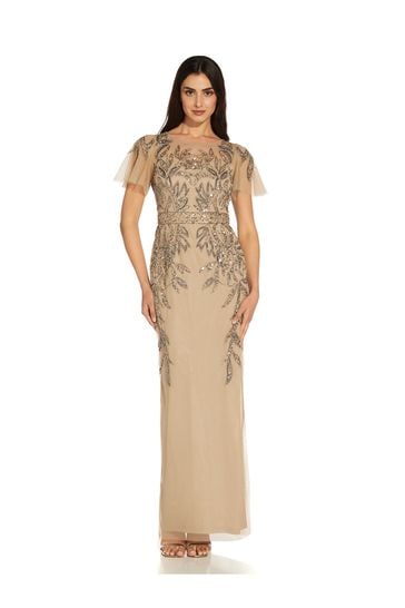 Adrianna Papell Studio Natural Beaded Sleeved Long Dress