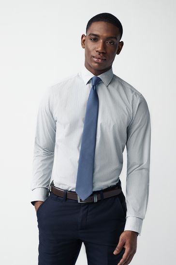 Neutral Brown/Blue Slim Fit Single Cuff Shirt And Tie Pack
