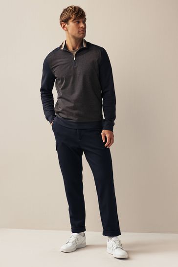 Buy Navy Blue Gold Textured Long Sleeve Zip Neck Sweatshirt from