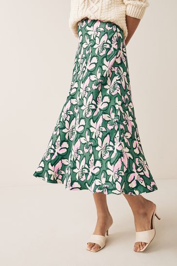 Floral Printed Satin Midi Skirt