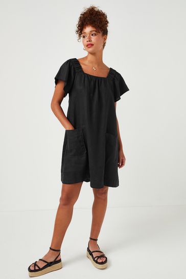 Black Flutter Sleeve Linen Mini Dress