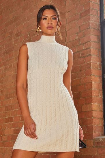 Chi Chi London Cream All Over Knitted Cable High Neck Mini Dress