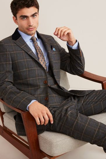 Grey Blue Trimmed Prince of Wales Check Suit Jacket