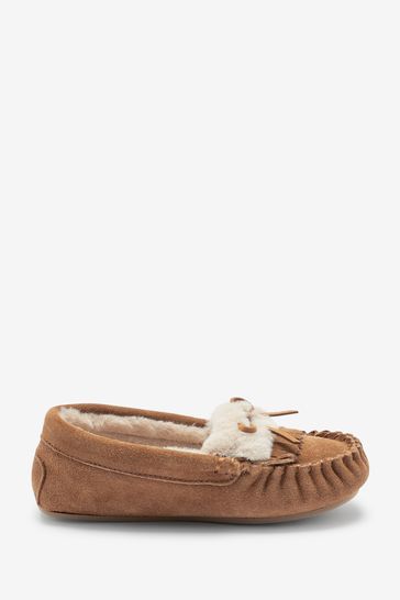 Tan Brown Leather Moccasin Slippers