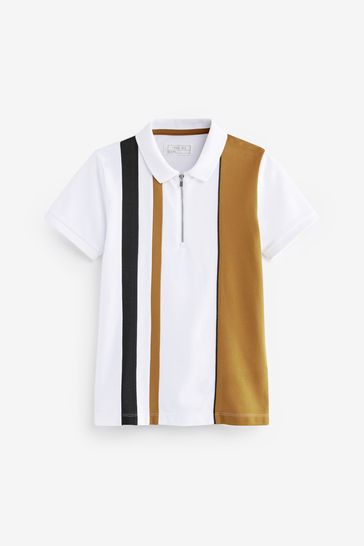 White/Tan Brown Vertical Stripe Short Sleeve Zip Neck Polo Shirt (3-16yrs)