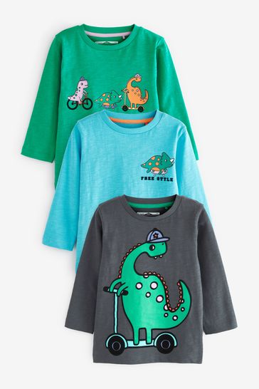 Blue/Green Dino 3 Pack Long Sleeve Character T-Shirts (3mths-7yrs)