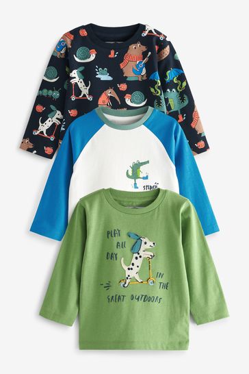 Multi Animals 3 Pack Long Sleeve Character T-Shirts (3mths-7yrs)