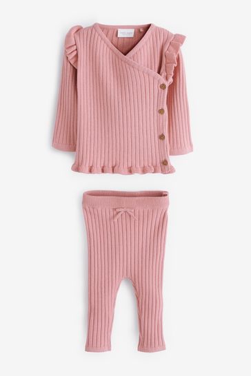 Pink 2 Piece Knitted Wrap Over Baby Top And Leggings Set (0mths-2yrs)