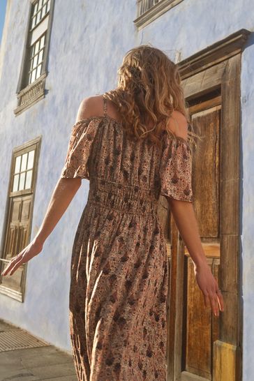 Buy Brown Vintage Print Sparkle Bardot Midi Dress from Next Hungary