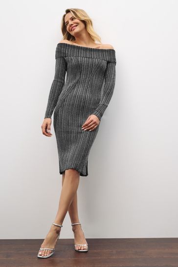 Gunmetal Grey Metallic Bardot Midi Jumper Dress