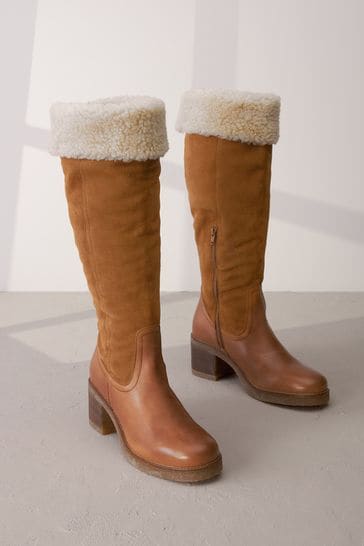 Tan Brown Signature Leather Forever Comfort® Faux Fur Knee High Boots