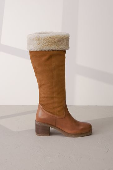 Tan Brown Signature Leather Forever Comfort Faux Fur Knee High Boots