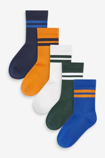 Green/Yellow/Blue 5 Pack Cushioned Footbed Cotton Rich Ribbed Socks