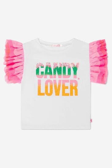 Girls White Cotton And Tulle Sleeve Candy Lover T-Shirt