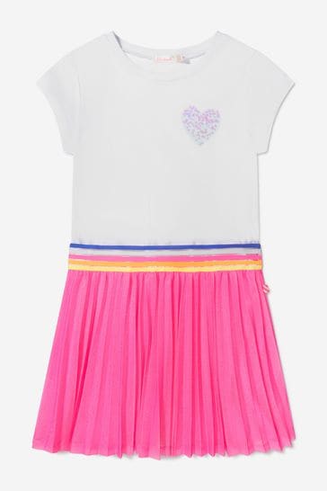 Girls Jersey And Metallic Fibre Pleated Heart Dress in White