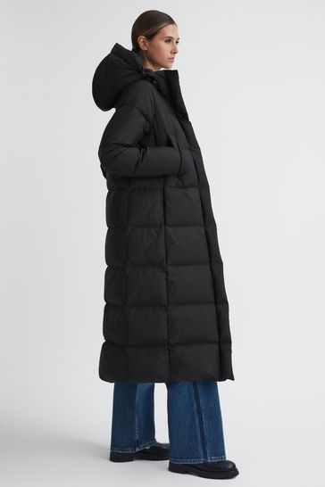 Reiss Black Tilde Longline Hooded Puffer Coat