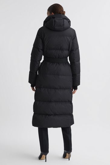 Long black belted puffer coat hot sale