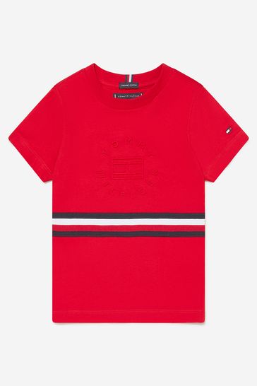 Boys Global Stripe Embossed T-Shirt in Red