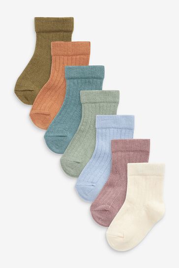 Multi/Blue/Green 7 Pack Rib Baby Socks (0mths-2yrs)