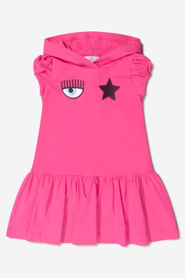 Girls Cotton Eyestar Jersey Hooded Dress in Pink