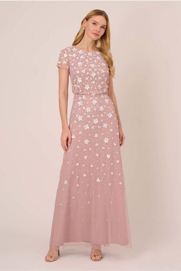 Adrianna Papell Pink 3D Beaded Long Dress